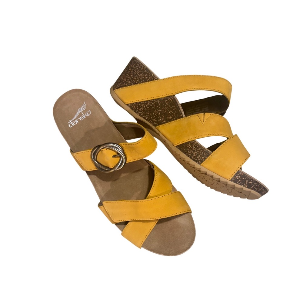 Dansko Susie Wedge Sandals 40 Mango Leather Cork Slide Buckle Strap